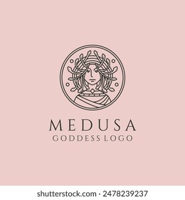 medusa goddess face and snake hair line art logo vector symbol illustration design