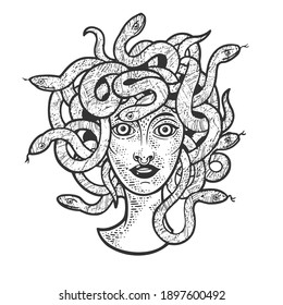 Medusa Gorgo head with snakes sketch engraving vector illustration. T-shirt apparel print design. Scratch board imitation. Black and white hand drawn image.