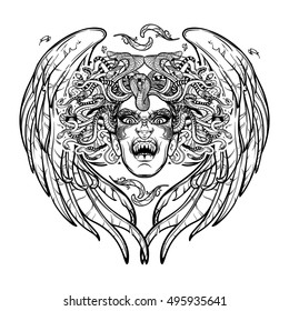 Medusa Gorgon. Ancient Greek mythological creature with face of a woman and snake hair. Folklore, legendary beast. Halloween concept. Hand drawn sketch artwork. EPS10 Isolated vector illustration.