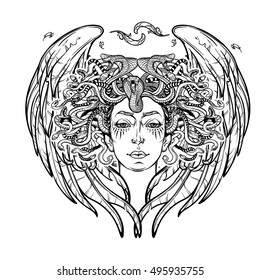 Medusa Gorgon. Ancient Greek mythological creature with face of a woman and snake hair. Folklore, legendary beast. Halloween concept. Hand drawn sketch artwork. EPS10 Isolated vector illustration.