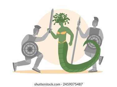 Medusa gorgon concept. Green woman with tail and snakes at hairs. Greek and Roman mythology. Ancient warriors with shields and spears. Cartoon flat vector illustration isolated on white background