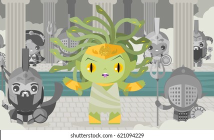 medusa gorgon cute in lair with stone statues