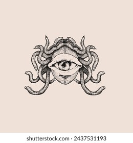 Medusa gorgon with an eye. Spot work. Vector hand drawn illustration. Tattoo illustration, modern surreal art.