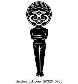 Medusa Gorgon. Female monster from ancient Greek mythology. Cycladic idol with a coin head or mask. Black and white negative silhouette.