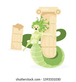 Medusa Gorgon flat vector illustration. Mythological creature. Half-woman, half-serpent monster attack. Greek mythology. Fantastical beast near column isolated cartoon character on white background