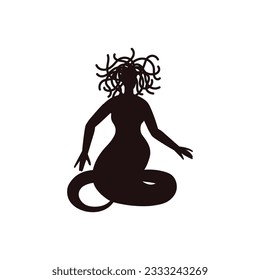 Medusa gorgon goddess, black silhouette vector illustration isolated on white background. Greek mythology creature. Woman with snakes in hair. Concepts of fantasy, folklore and fairytales.