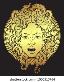 Medusa Gorgon golden head on a shield hand drawn line art print design isolated vector illustration. Gorgoneion is a protective amulet