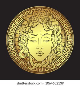 Medusa Gorgon golden head on a shield hand drawn line art and dot work print design isolated vector illustration. Gorgoneion is a protective amulet