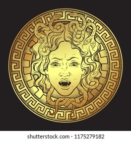 Medusa Gorgon golden head on a shield hand drawn line art and dot work print design isolated vector illustration. Gorgoneion is a protective amulet