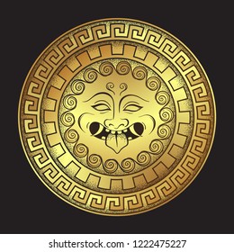 Medusa Gorgon golden head on a shield hand drawn line art and dot work print design isolated vector illustration. Gorgoneion is a protective amulet