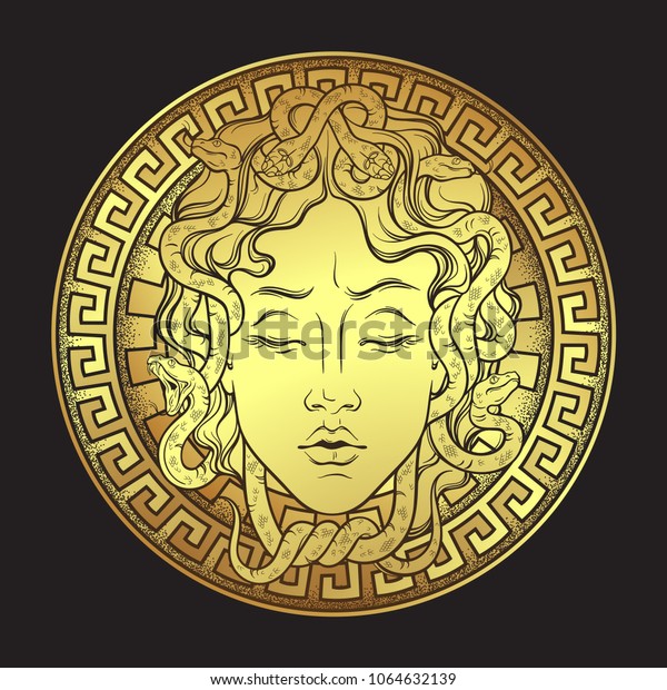 Medusa Gorgon Golden Head On Shield Stock Vector Royalty Free 1064632139 