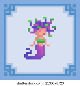 Medusa Gorgon. Greek goddess with a woman's face and snakes instead of hair. Pixel art character. Vector illustration in 8 bit style