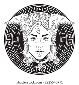 Medusa Gorgon head on a meander shield hand drawn line art tattoo or print design isolated vector illustration. Gorgoneion is a protective amulet