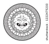Medusa Gorgon head on a shield hand drawn line art and dot work tattoo or print design isolated vector illustration. Gorgoneion is a protective amulet