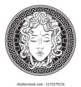 Medusa Gorgon head on a shield hand drawn line art and dot work tattoo or print design isolated vector illustration. Gorgoneion is a protective amulet