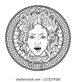 Medusa Gorgon head on a shield hand drawn line art and dot work tattoo or print design isolated vector illustration. Gorgoneion is a protective amulet