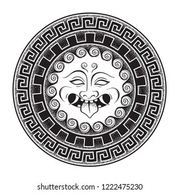 Medusa Gorgon head on a shield hand drawn line art and dot work tattoo or print design isolated vector illustration. Gorgoneion is a protective amulet