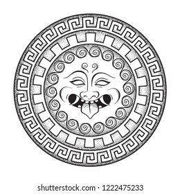 Medusa Gorgon head on a shield hand drawn line art and dot work tattoo or print design isolated vector illustration. Gorgoneion is a protective amulet