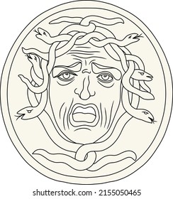 Medusa Gorgon head on a shield hand drawn line art and dot work tattoo or print design isolated vector illustration