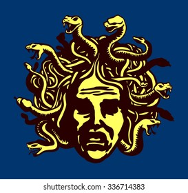 Medusa or Gorgon head vector illustration with snake hair and petrifying gaze