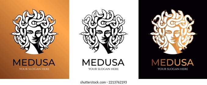 Medusa gorgon logo. Head of a woman with snakes. Protective amulet. Logo for different directions. Vector image.