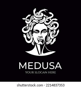 Medusa gorgon logo. Head of a woman with snakes. Protective amulet. Logo for different directions. Vector image.