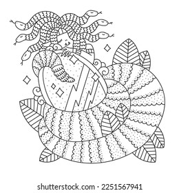 Medusa gorgon with mirror. Greek mythology creature. Cute little snake monster gitl. Adorable cartoon vector illustration for kids. Coloring page. Isolated on white. Outlined hand drawn artwork