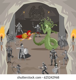 medusa gorgon monster mytology creature fighting against perseus greek warrior hero in cave lair with stone statues