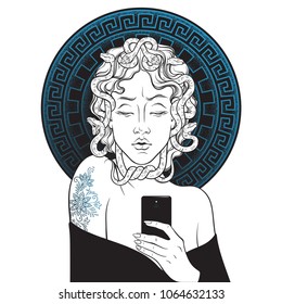 Medusa Gorgon selfie hand drawn line art and dot work pop print design isolated vector illustration