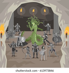 medusa gorgon with stone statues in her lair