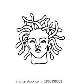 Medusa Gorgon - vector doodle black ink portrait. Female bust with snakes on her head, mythical Greek creature - cursed femme fatale. Psychopath killing with a look