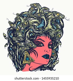 Medusa Gorgon woman head with snakes, color tattoo and t-shirt design. Portrait mythological figure Medusa. Myths of Ancient Greece 