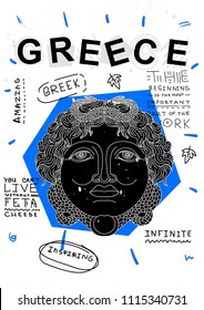 Medusa, Greece.Travel banner. T-Shirt Design & Printing, clothes, bags, posters, invitations, cards, leaflets etc. Vector illustration hand drawn.