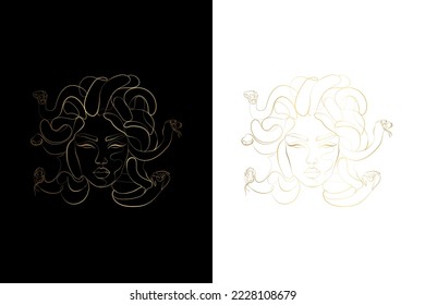 Medusa, Greek Mythology. Minimal one line female face, modern art for posters, story, tattoo. Medusa, Printable One Line Drawing, Feminine Continuous Lines, Minimalist Artwork, Face Line, Gold line