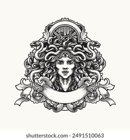 Medusa Hand drawn sketch. Vector vintage frame illustration.
