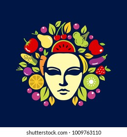 Medusa head with fruit and vegetables inside design inspiration isolated on white background