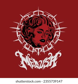 Medusa-Kopf mit Schrift und Ringhintergrund