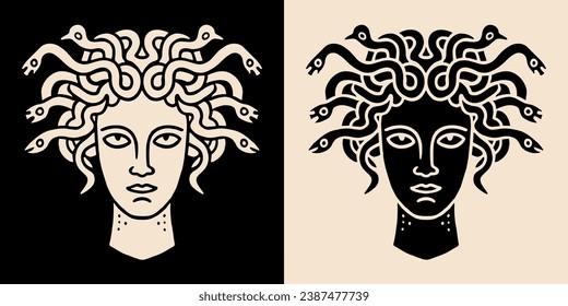 Medusa head minimalist portrait logo. Black and beige greek goddess with snake hair stylized drawing clipart. Dark academia aesthetic illustration. Greek mythology lover vector printable design.