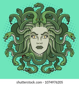 Medusa head with snakes greek myth creature pop art retro vector illustration. Comic book style imitation.