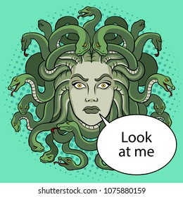 Medusa head with snakes greek myth creature pop art retro vector illustration. Color background. Text bubble. Comic book style imitation.