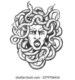 Medusa head with snakes greek myth creature engraving vector illustration. Scratch board style imitation. Black and white hand drawn image.