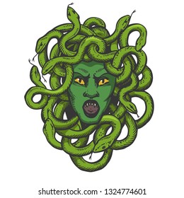 Medusa head with snakes greek myth creature color sketch engraving vector illustration. Scratch board style imitation. Black and white hand drawn image.