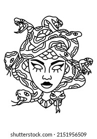 Medusa head with snakes greek myth creature coloring vector illustration. Line art minimalist abstract woman head. Snakes hair Goddess