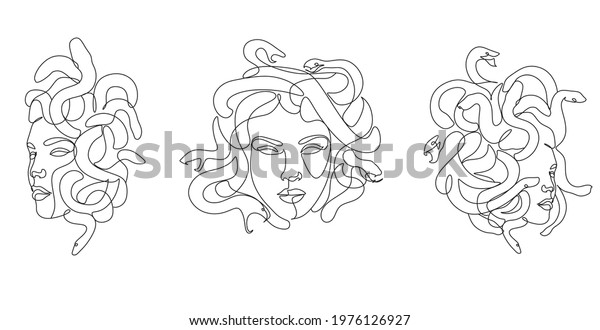 Medusa head with snakes greek myth creature\
coloring vector illustration. Line art minimalist abstract woman\
head. Snakes hair\
Goddess