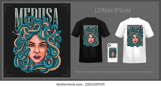 Medusa head t-shirt design, complete with mockup. svg