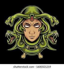 Medusa head vector illustration on dark background