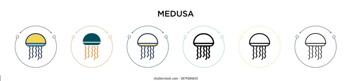 Medusa icon in filled, thin line, outline and stroke style. Vector illustration of two colored and black medusa vector icons designs can be used for mobile, ui, web