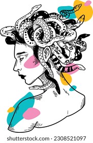 Ilustración de Medusa, estilo de tinta, colorido, serpientes