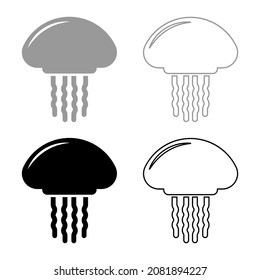 Medusa jellyfish set icon grey black color vector illustration image simple flat style solid fill outline contour line thin