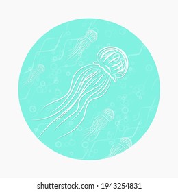 Medusa (Jellyfish) in a turquoise circle. Marine vector illustration. Clipart EPS 10 in the form of a ready-made icon. For websites of seafood restaurants.